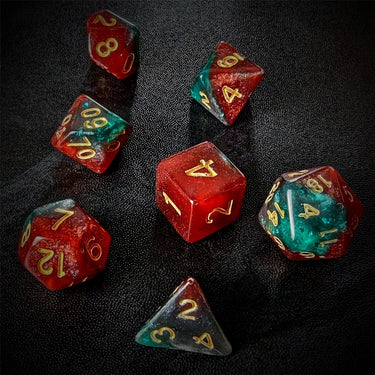 Glitter in Red & Green Acrylic - 7pcs RPG Full Dice Set Scatter